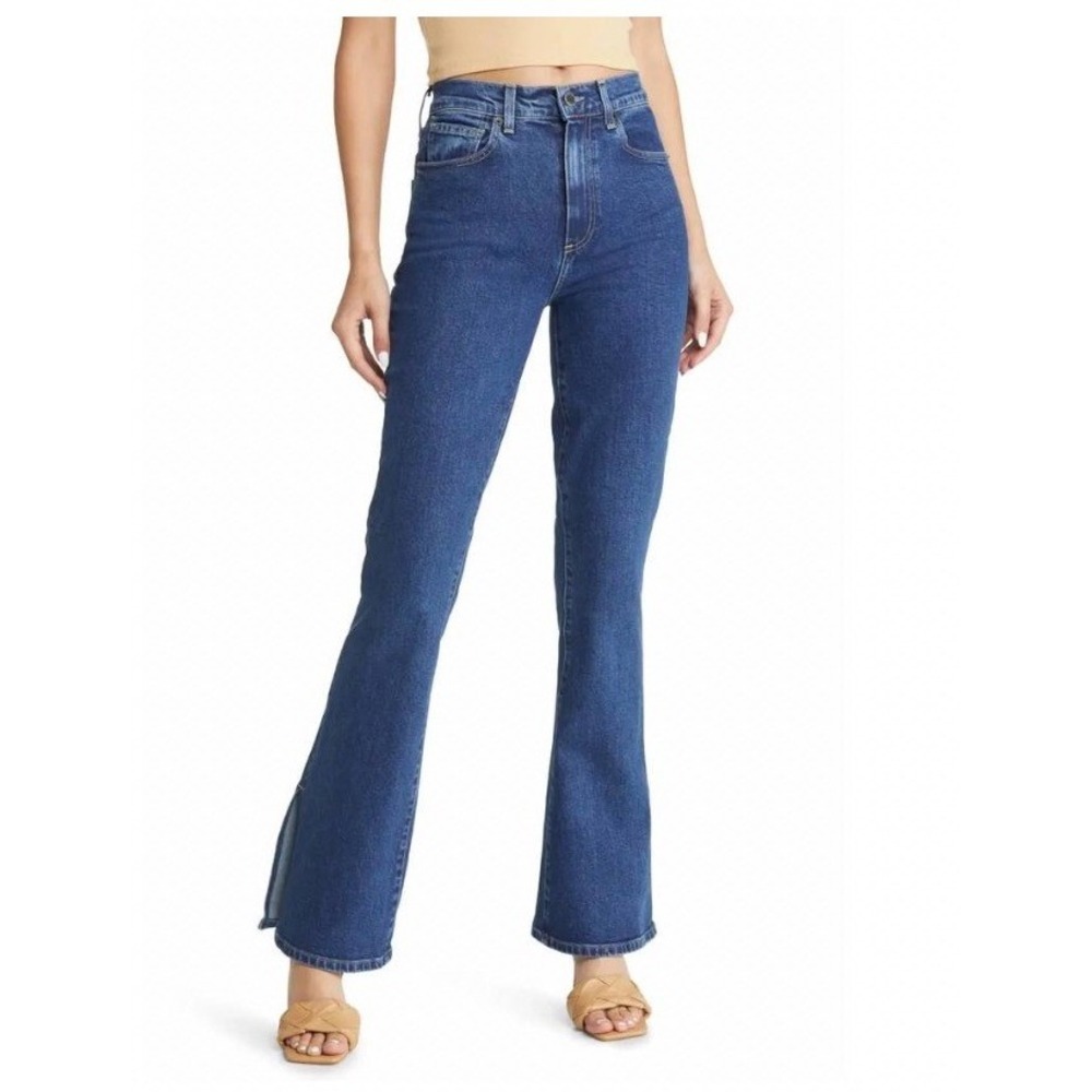 LE JEAN Stella Flare Jeans Dark Wash High Rise Side Slit Hem Size 28 USA Made